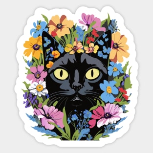 Black Cat in Flowers Sticker